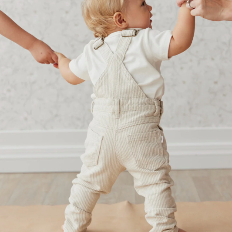 Jordie Cotton Twill Overall in Stripe | Jamie Kay view of the back of the baby overalls
