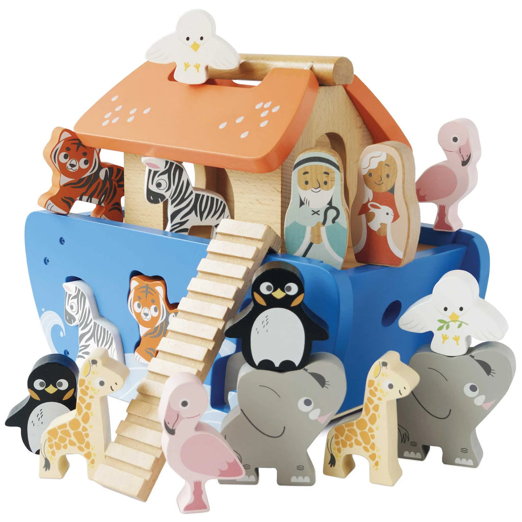 noah's ark toy flatlay white background 