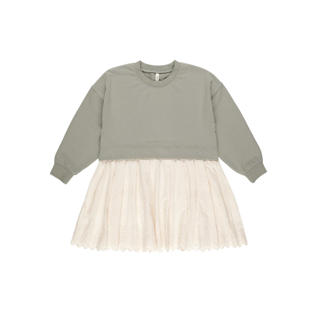 sweatshirt dress in green and beige flatlay on white background 