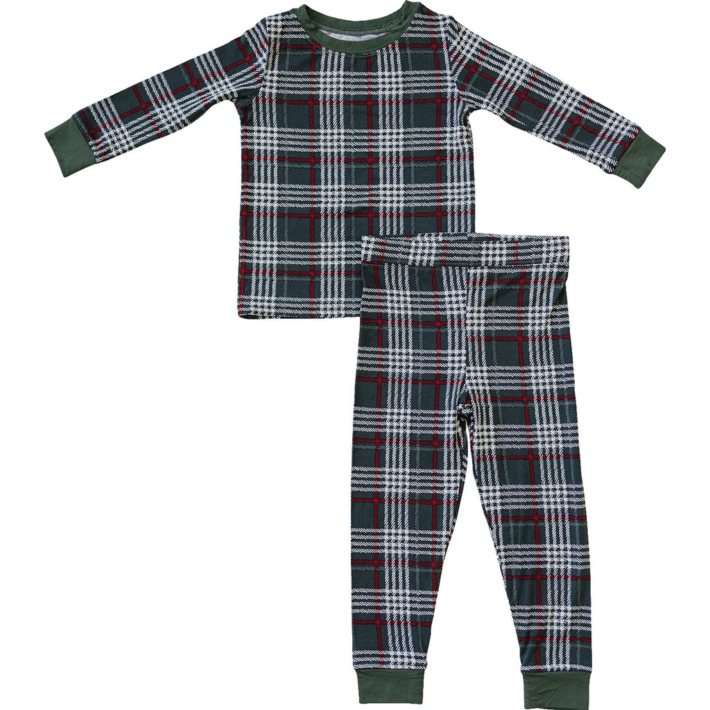 green plaid bamboo 2 piece set on white background 