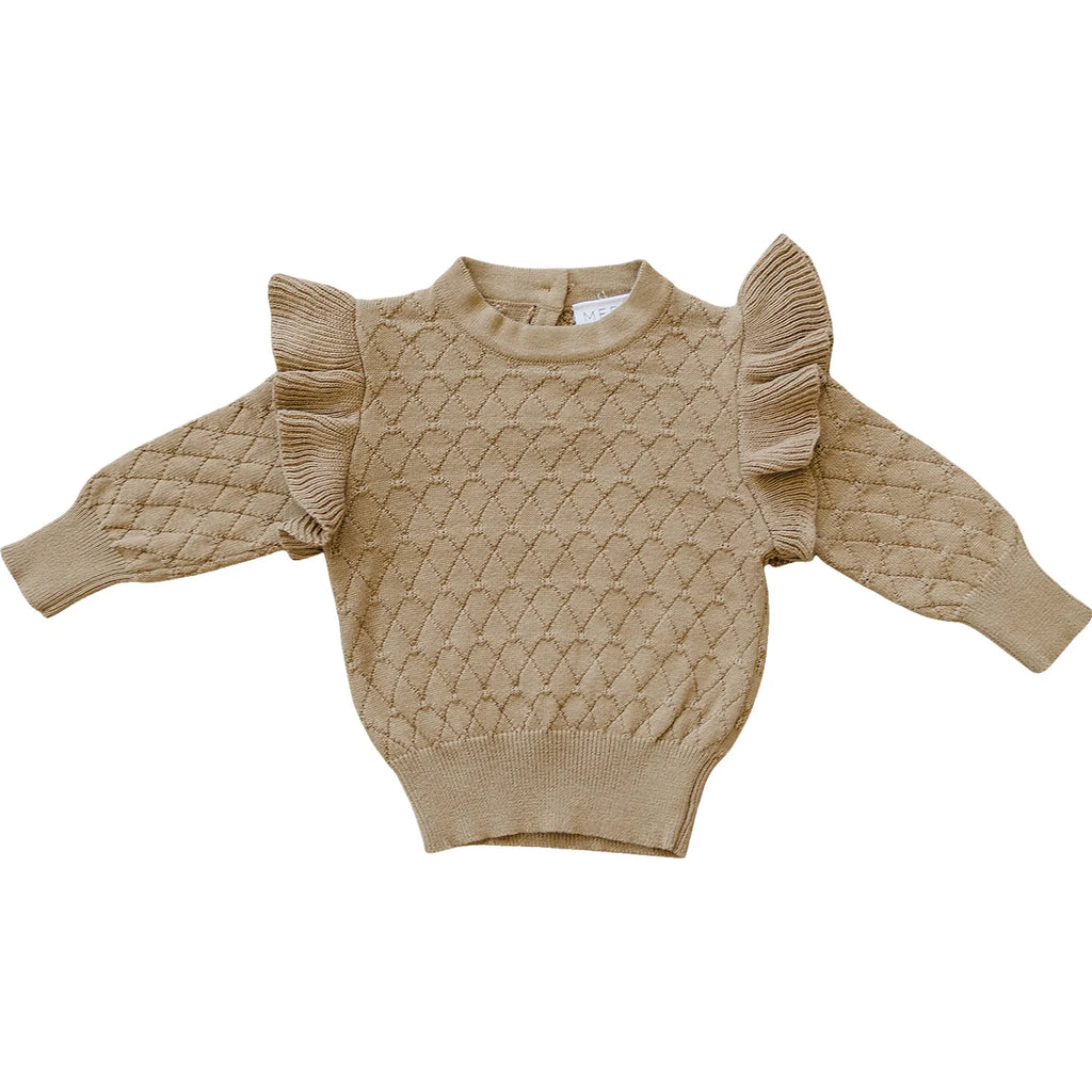 flatlay of toffee ruffle sweater on white background 