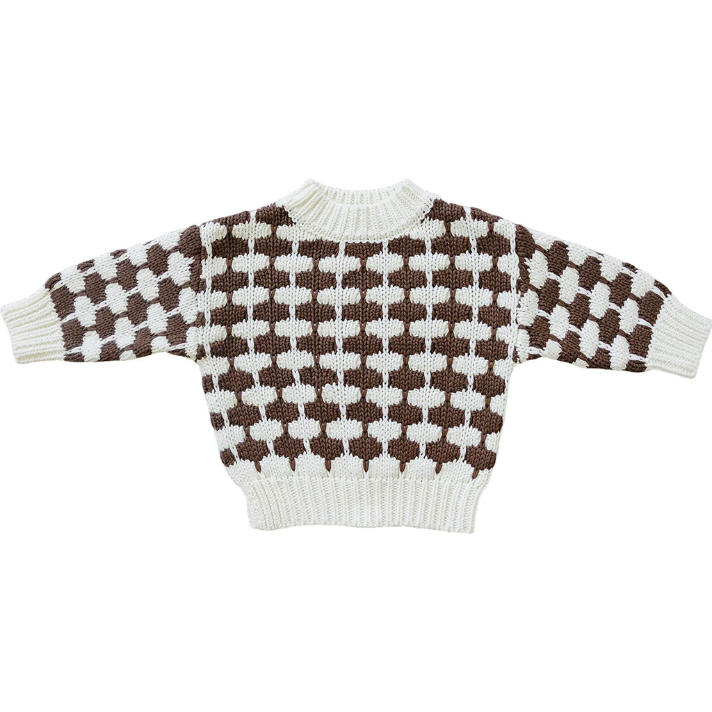 brown + knit sweater on white flatlay 