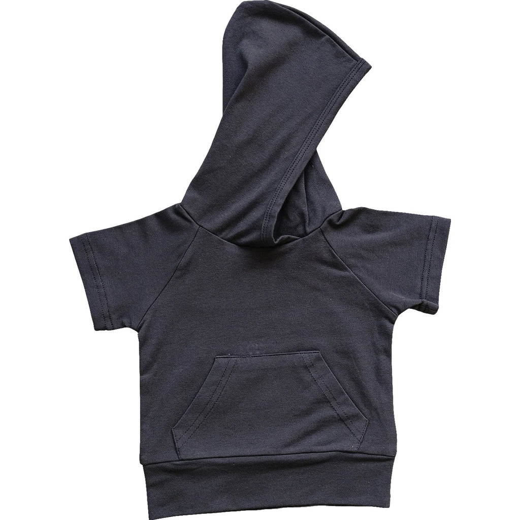 flatlay of slate greyhooded tee on white background 