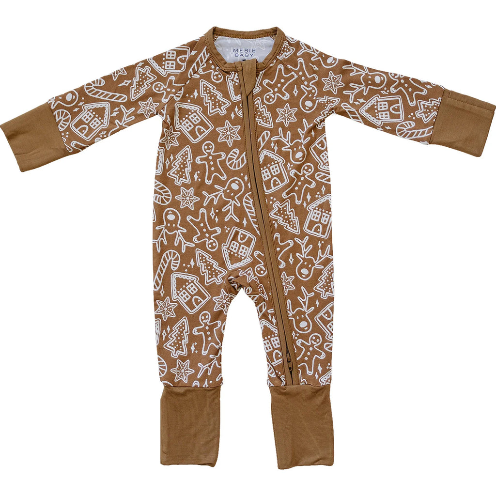 flatlay of gingerbread sleeper zipper on white background 