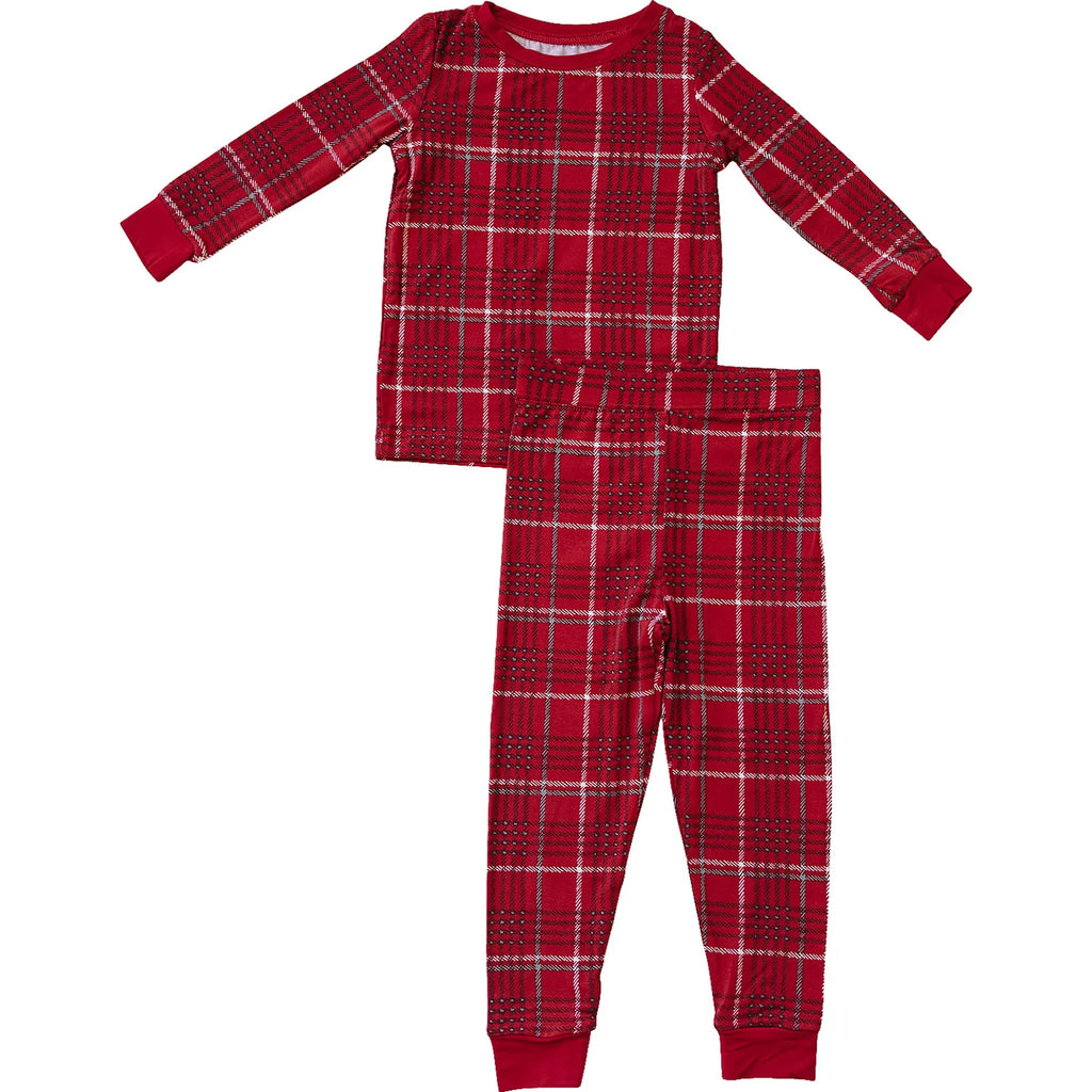 red plaid 2 piece bamboo set on white background 