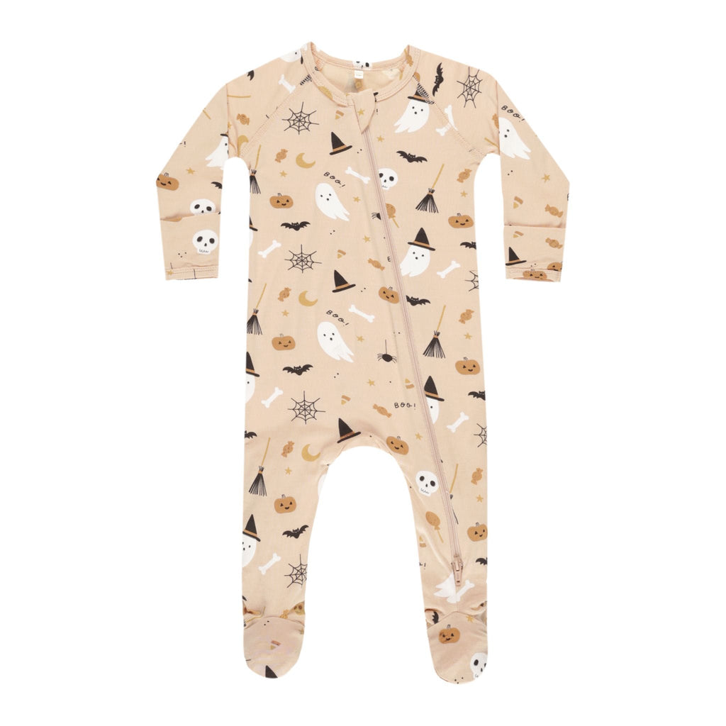 flatlay of halloween pyjama on white background 