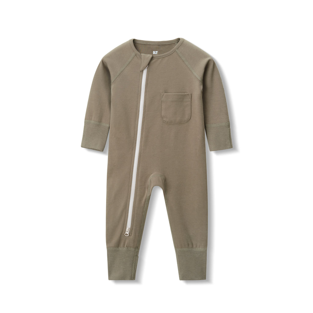 zip romper in olive on white background flatlay 