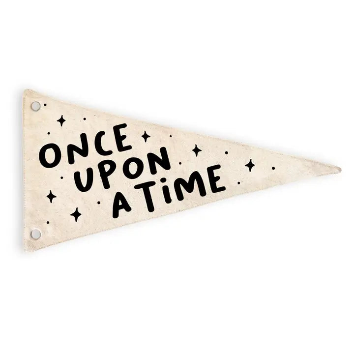 once upon a time flag pennant flatlay on white background 