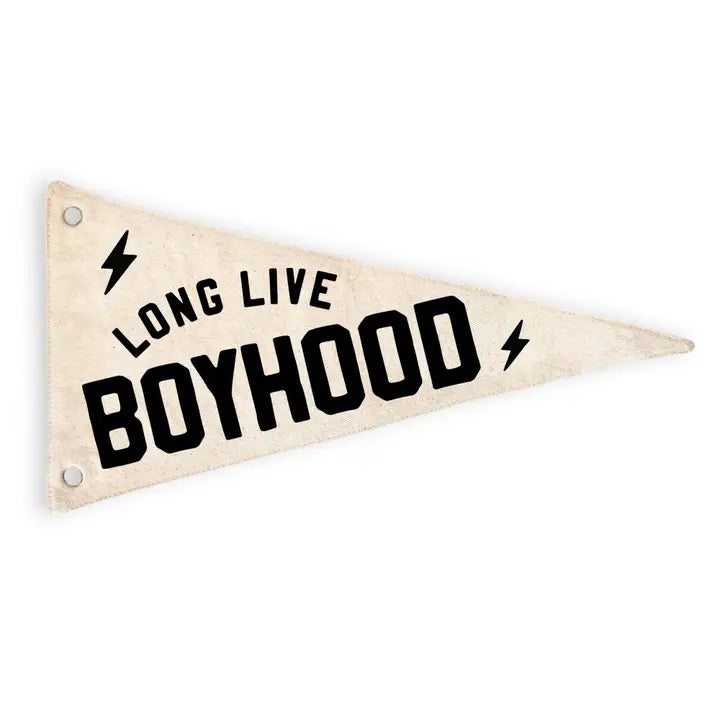 long live boyhood flatlay pennant flag on white background 