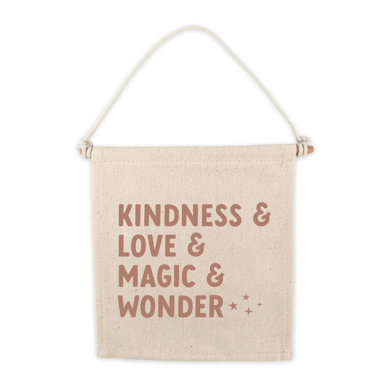 kindness & love & magic & wonder sign flatlay white background 