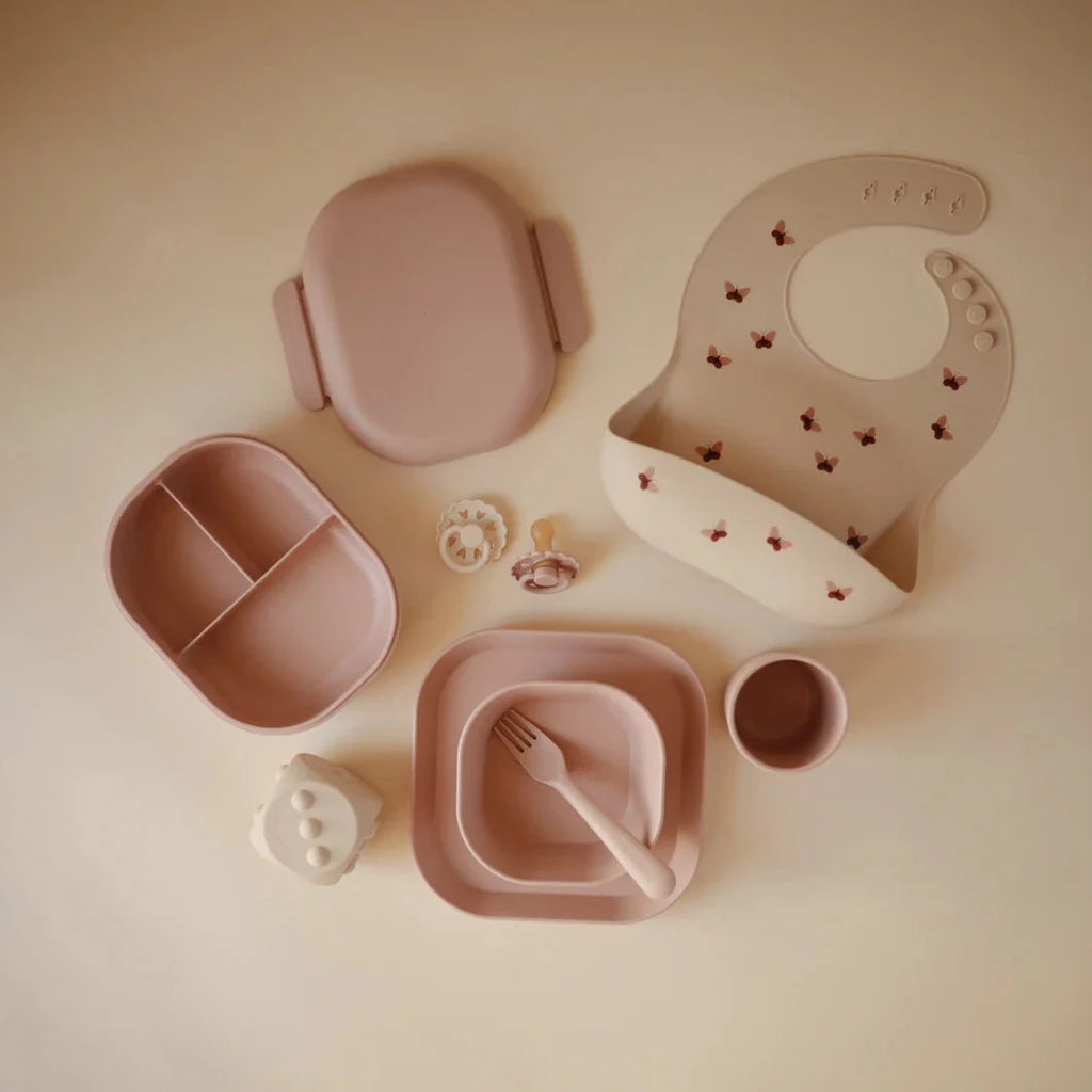 lunch container snack container flat lay next to bib and dinnerware set