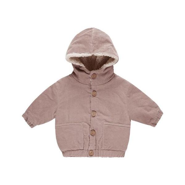 flatlay of mauve corduroy jacket white background 