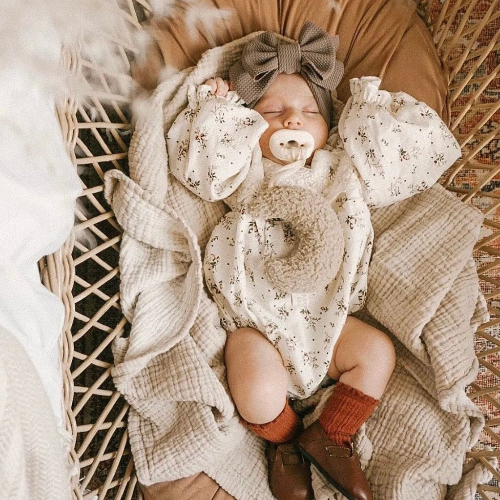 taupe bow on baby with soother in basket