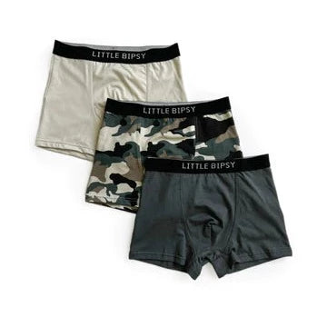 flat lay of boxer 3 pack camo grey and white on white background