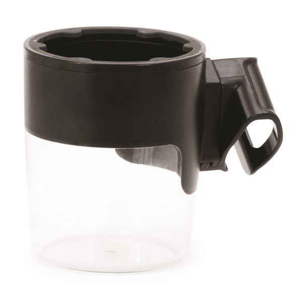 flatlay of cup holder with black handle white background 