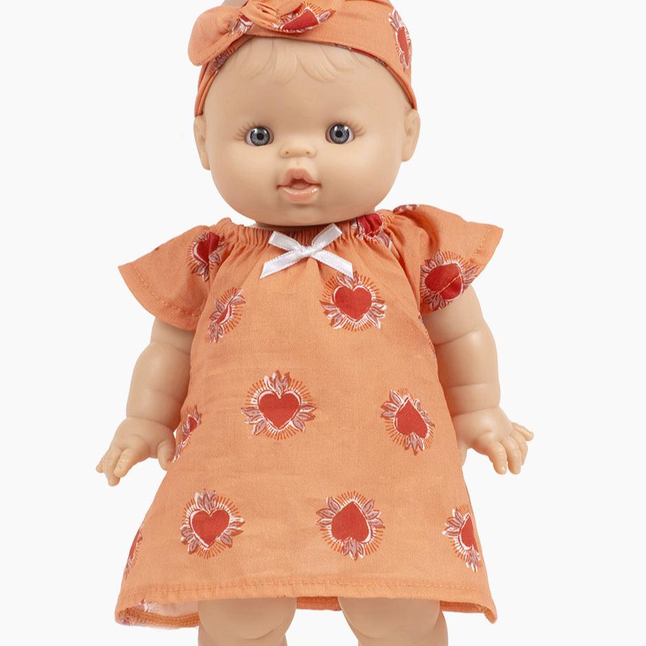 heart nightime dress on doll with headband white background 