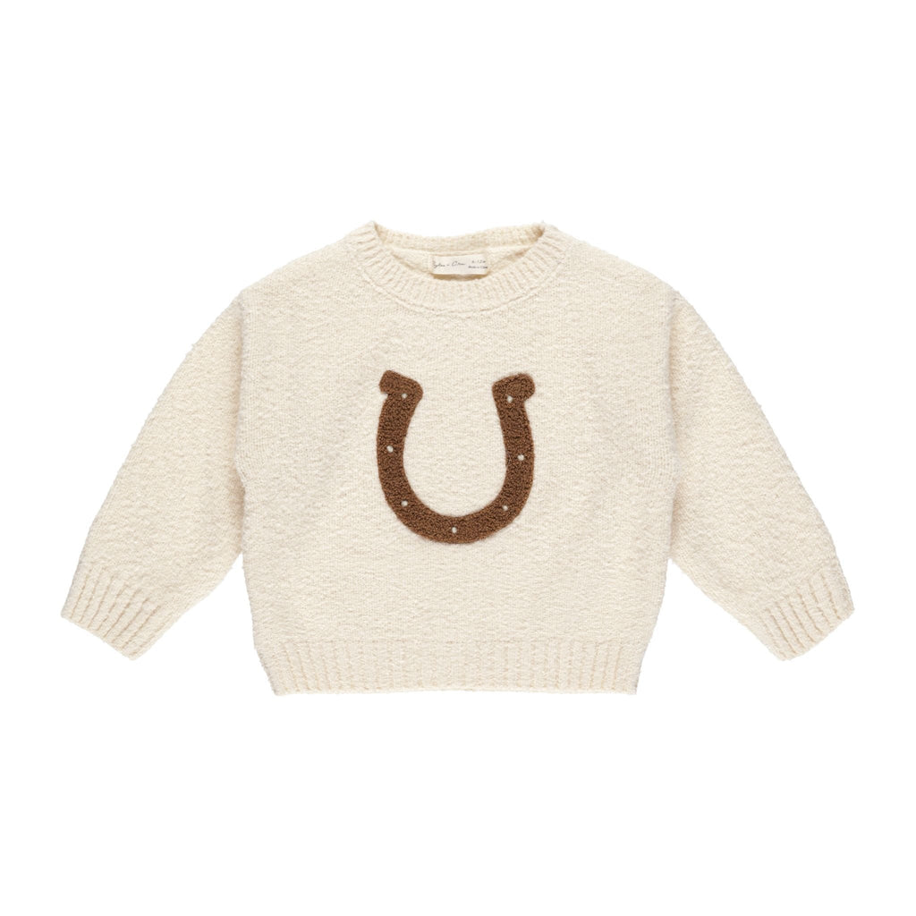 flatlay of horseshoe sweater on white background 