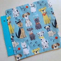 dog on light blue flat lay