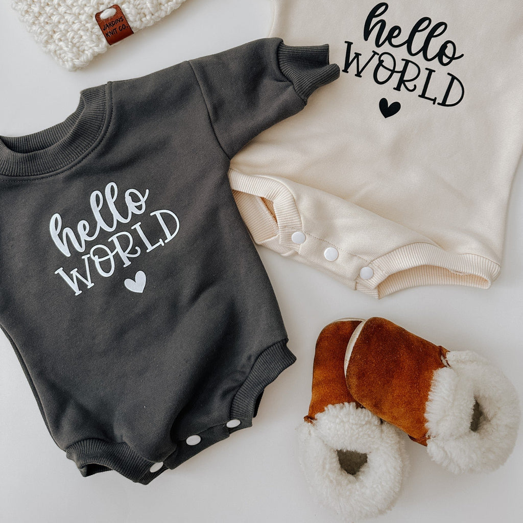 flatlay of hello world with slippers fur 