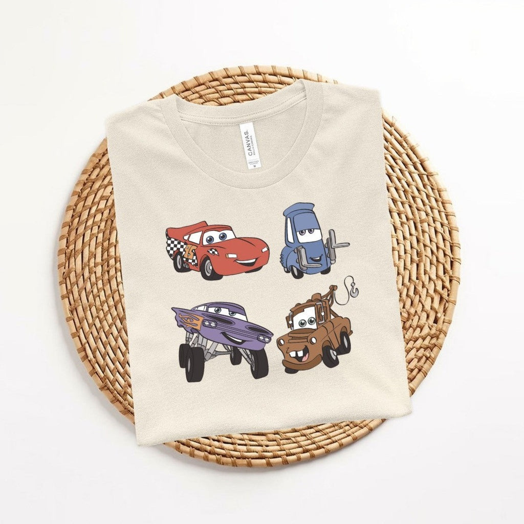 flatlay of cars tshirt on wicker mat white background 