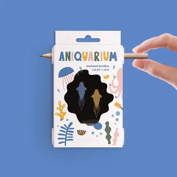 Aniquarium game by Scrollino with a hand on a pencil. Blue background. 