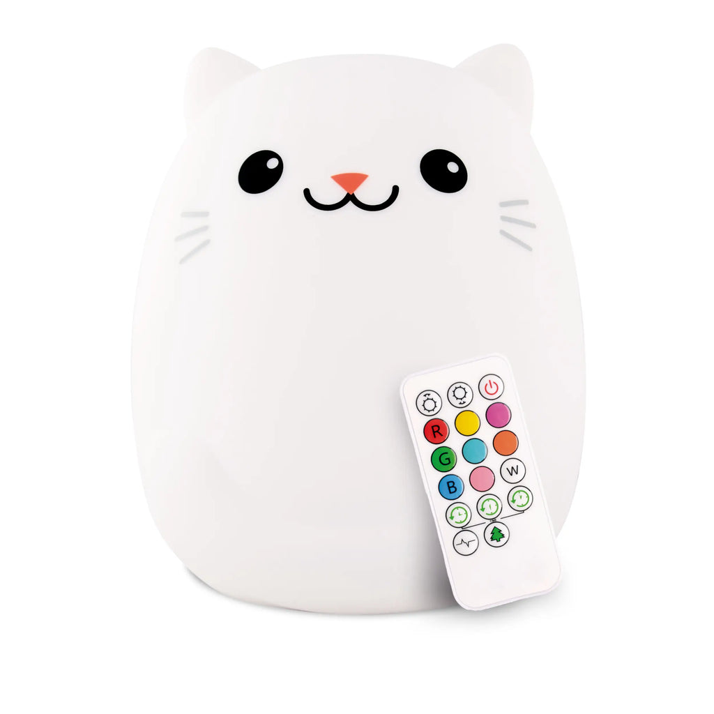 White background with Lumipets® LED Night Light by Lumieworld in Cat. Cat is white with black eyes, a pink nose, and grey whiskers, with a black remote.