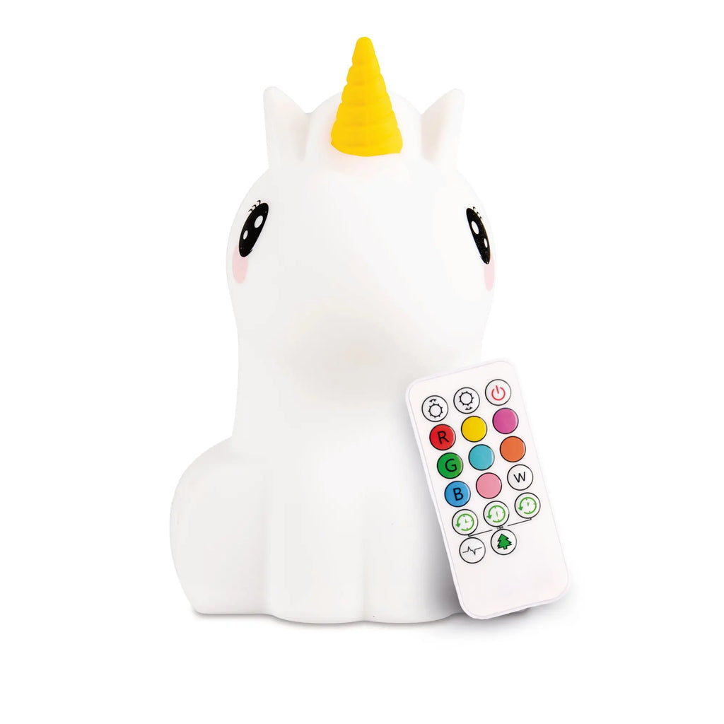 White background with Lumipets® LED Unicorn Night Light by Lumieworld. Unicorn is white silicone with a yellow horn, and a white remote.