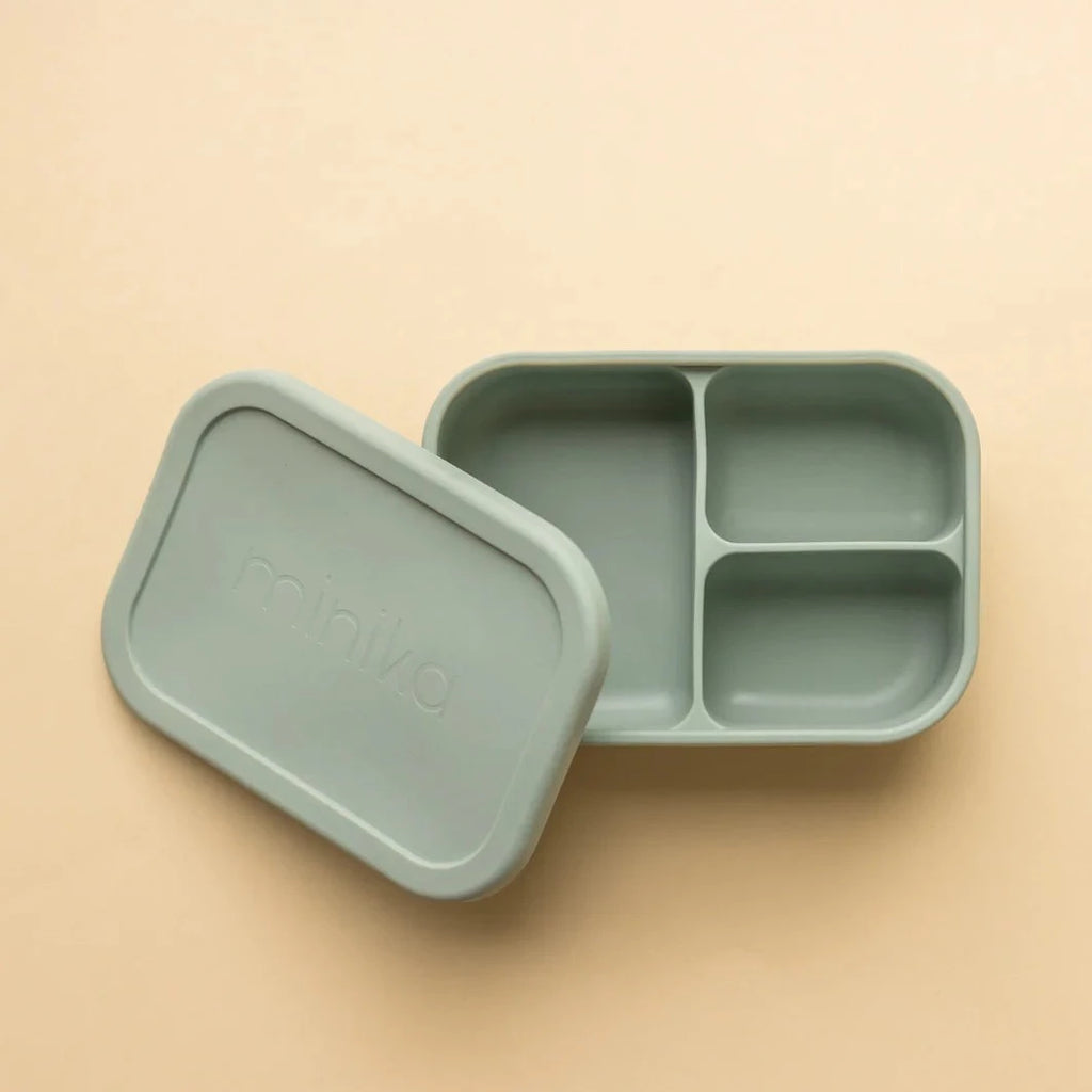 Silicone Bento Box by Minika on beige background sage