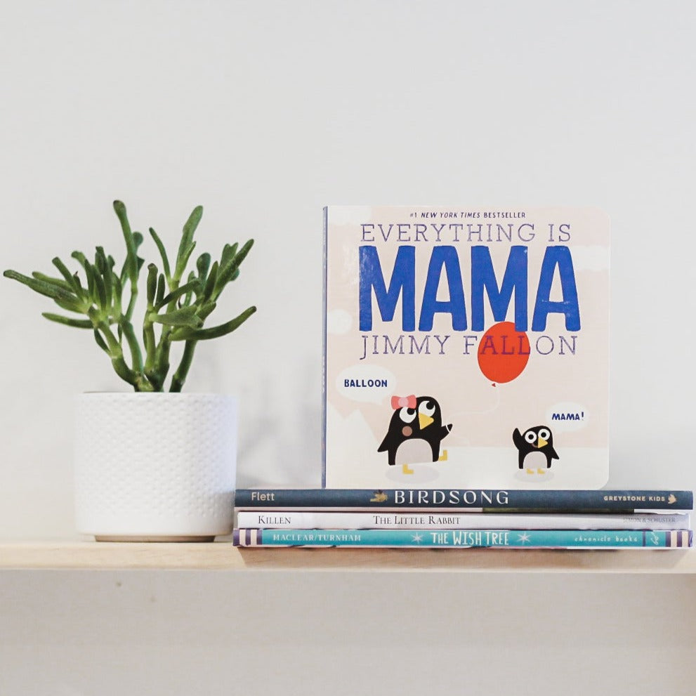 White background with wood shelf, a potted succulent, and a stack of books with the book Everything is Mama by Jimmy Fallon. Cover is a soft pink sky with clouds, and a mama & baby penguin. Text is in a dark blue.