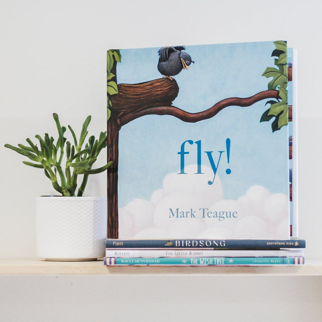 White wall with a wood shelf, a potted succulent, and a stack of books with the book Fly by Mark Teague on top. The cover is a blue cloudy sky, and a close up of a tree, a nest, and a bird sitting on it.