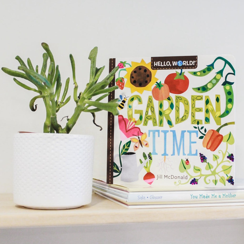 White background with a natural wood shelf, a green succulent with the book Hello, World! Garden Time by Jill McDonald. Book cover has veggies, plants and fruits, all colourful.