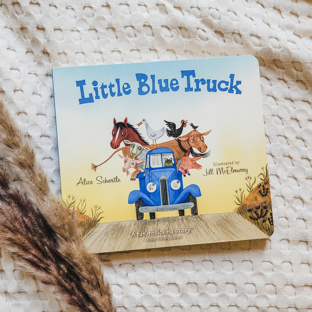 Cream waffle blanket with pampas grass on the bottom left corner and the book Little Blue Truck by Alice Schertle. Cover is a blue truck coming down the road with animals in the back, and the toad inside.