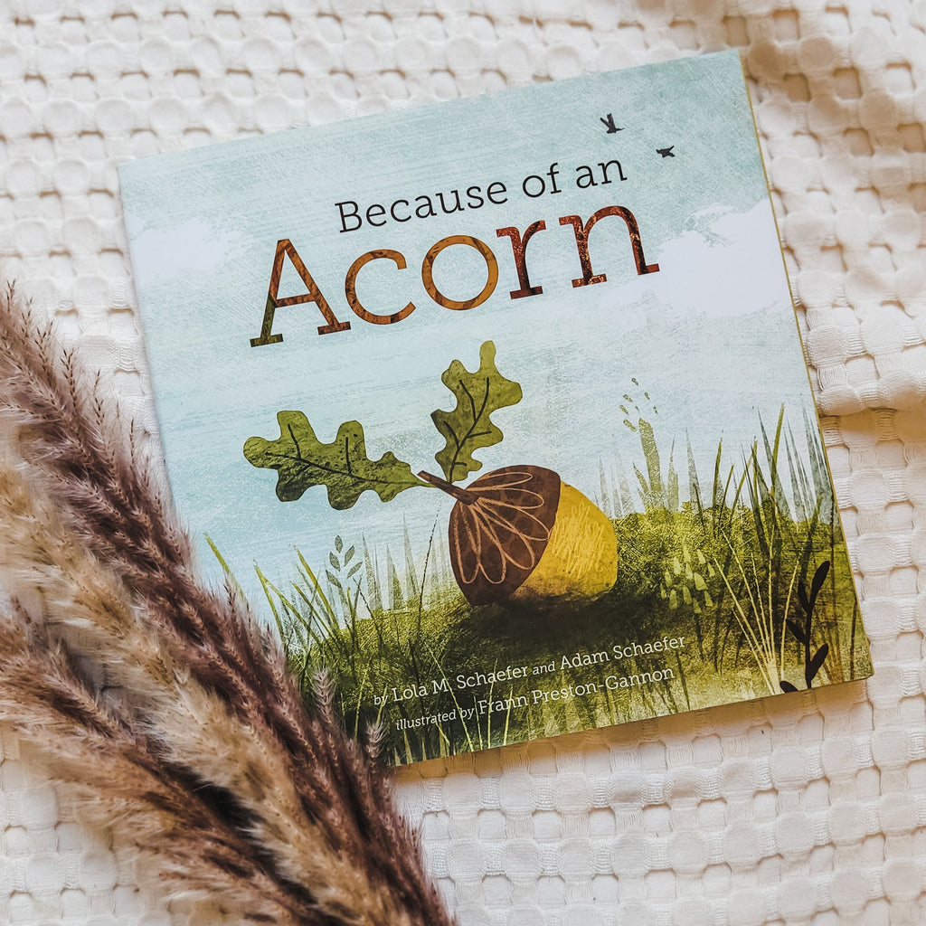 Cream waffle knit blanket with pampas grass on the bottom left corner, and the book Because Of An Acorn by Lola M. Schaefer and Adam Schaefer. Cover is a blue sky with a grassy hill, and an acorn on top.