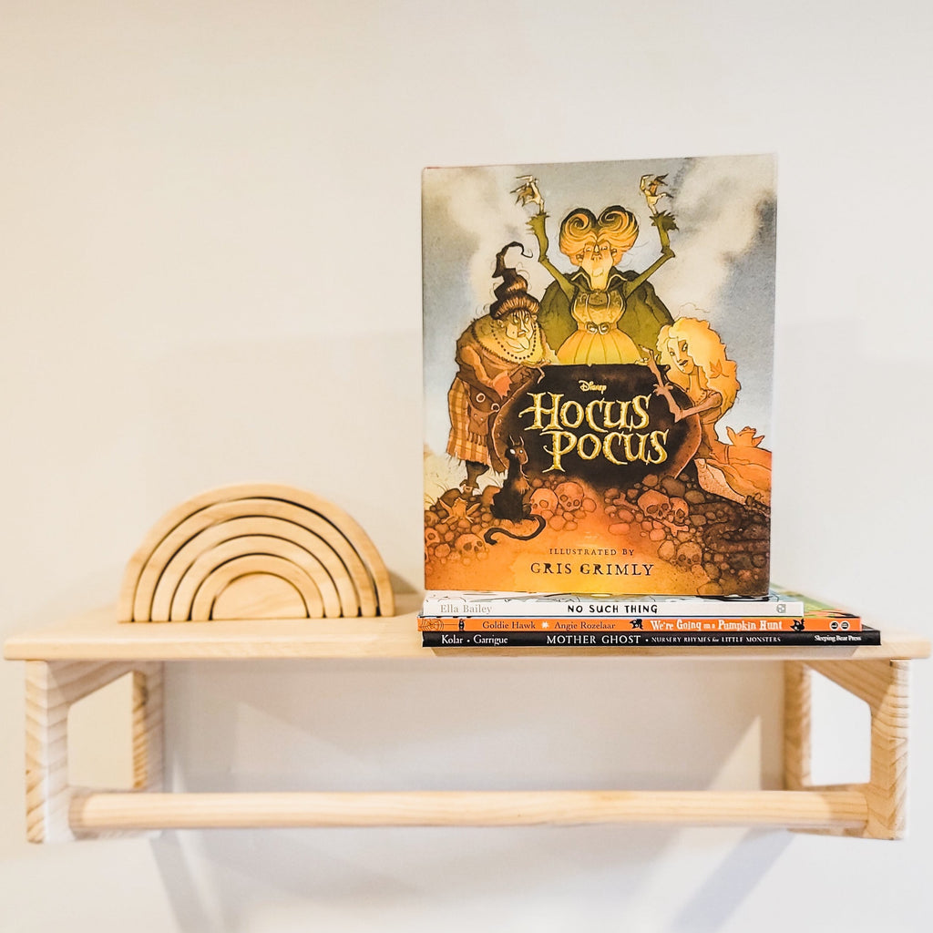 White background with a natural wood shelf, a wooden rainbow stacker beside a stack of books with Hocus Pocus: The Illustrated Novelization by A.W. Jantha. Cover shows the 3 sisters leaning over a big black cauldron.