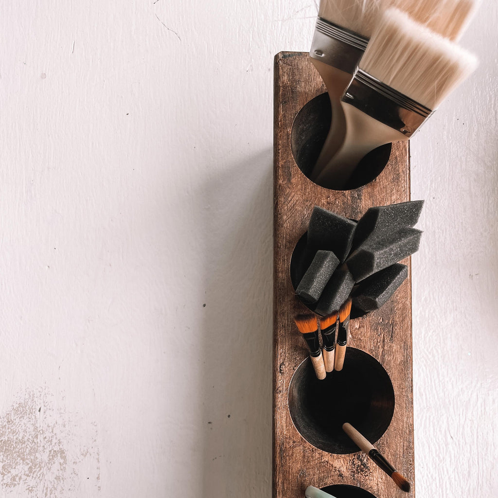 Overhead view of the Wooden Crayon Holder in Large | 7 Holes by Forever Green Art.