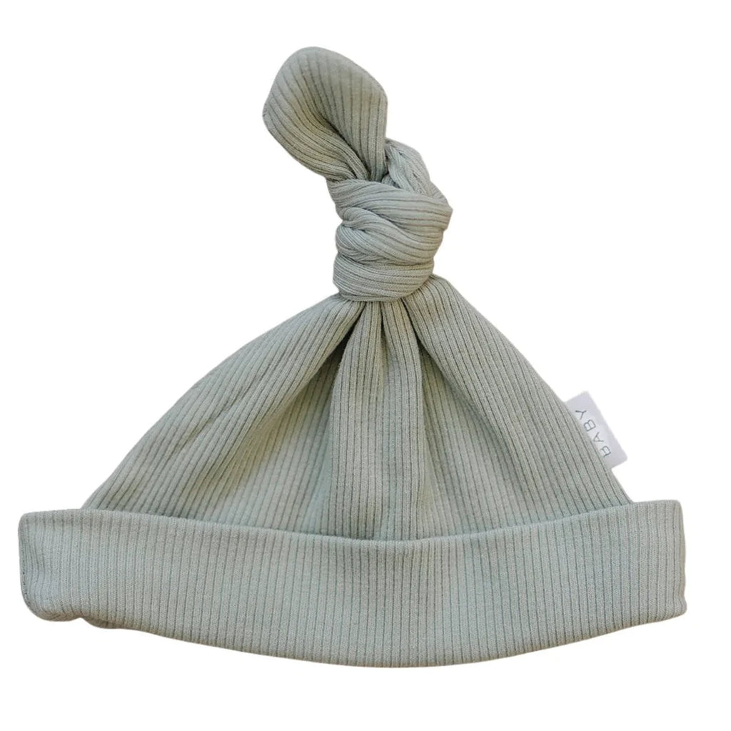 White background with Sage Organic Ribbed Newborn Knot Hat by Mebie Baby. Knot hat is ribbed sage, fits snug, and has a knot at the top.