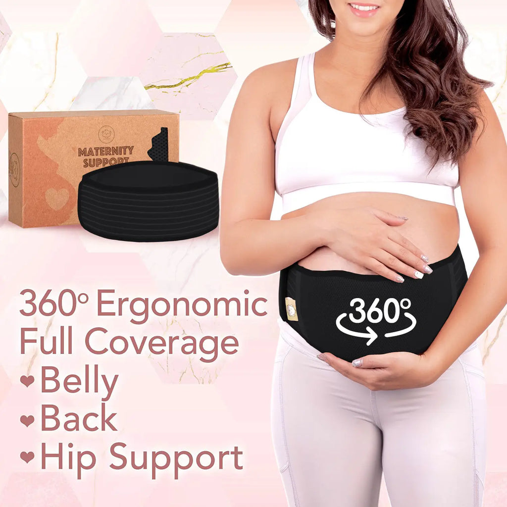 Pink background with woman wearing the Maternity Support Belt by KeaBabies. It says "360 degree ergonomic full coverage, belly, back & hip support"