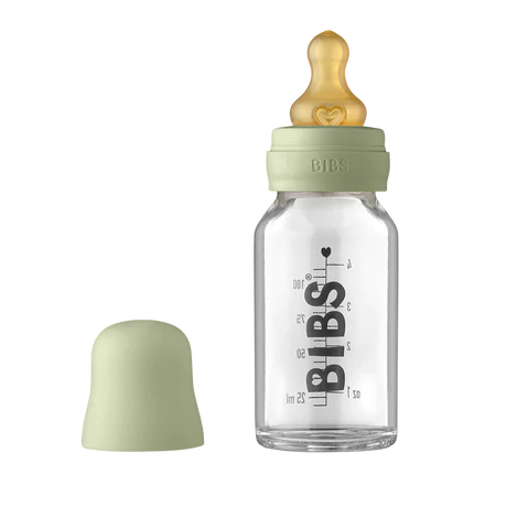 110 ml Glass bottle that says "BIBS" in black along the side, with a sage bottle lid by Bibs