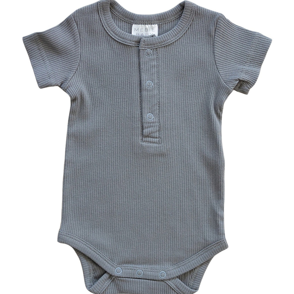 Grey Organic Cotton Ribbed Snap Bodysuit by Mebie Baby flat lay baby onesie