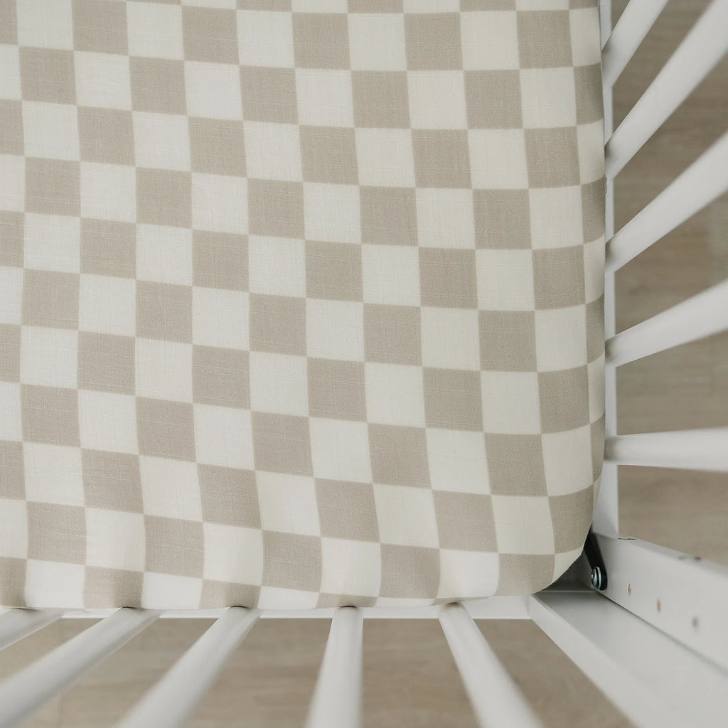 Taupe Checkered Crib Sheet by Mebie Baby on crib white wooden