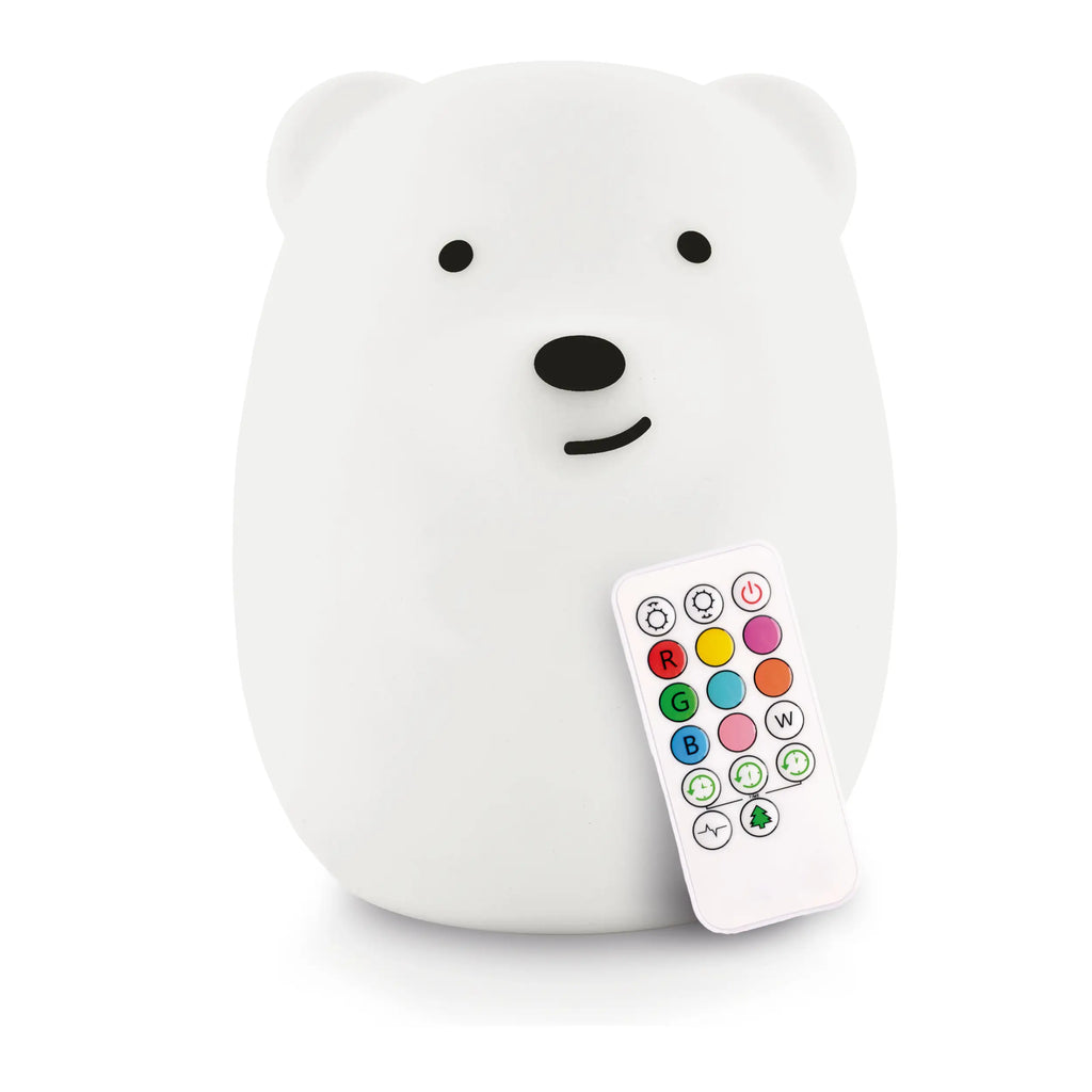 White background with Lumipets® LED Night Lught in Bear by Lumieworld. Bear is white with a little black facial features, and shows the white remote control.