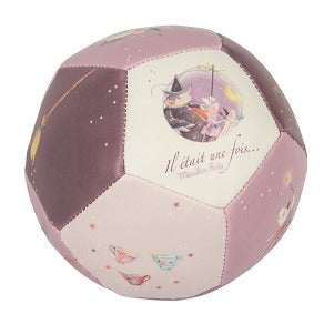 White background is Soft Ball in Il Etait Une Fois by Moulin Roty. This ball is pinks and purples.