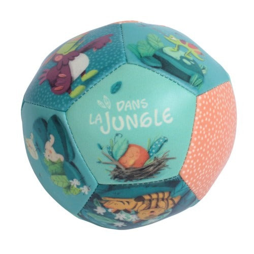 White background with Soft Ball in La Dans Jungle by Moulin Roty. This ball is jungle themed, in teals, and turquoise colours.