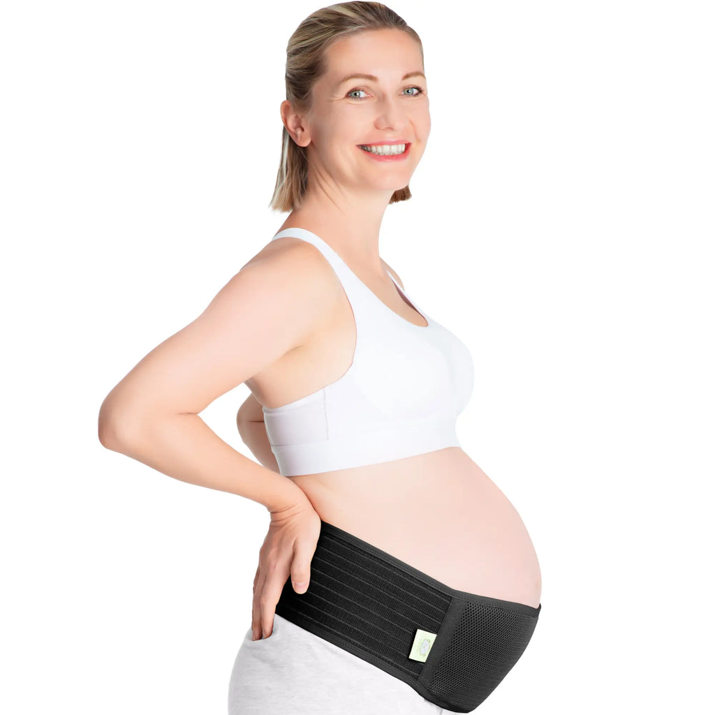 White background with woman wearing the Maternity Support Belt by KeaBabies.