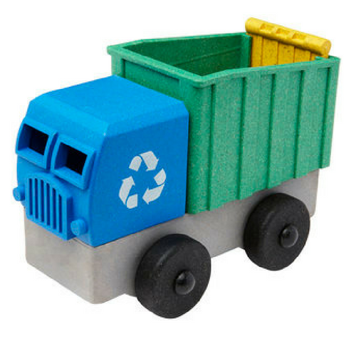 White background with 3D Recycling Truck by Luke's Toy Factory. Recycling Truck front is blue, with the recycle symbol, the back is green, and the base is grey with black wheels.