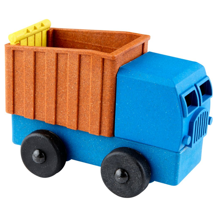 White background with side view of 3D Dump Truck by Luke's Toy Factory. Dump truck is blue with n orange back, and black wheels. 