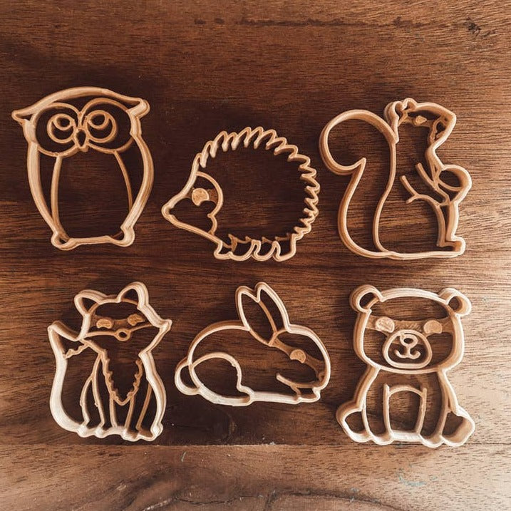 Mini Eco Cutter Set by Kinfolk Pantry woodland animals owl fox bunny squirrel on wooden surface