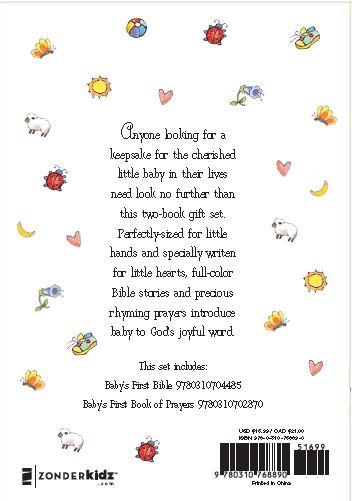 The back of Baby's First Bible and Book of Prayers Gift Set. White with writing on it, and little animals and suns.