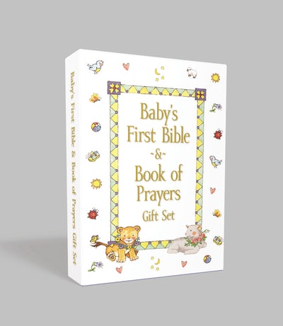 Grey background with a Baby's First Bible and Book of Prayers Gift Set by Ingram. 