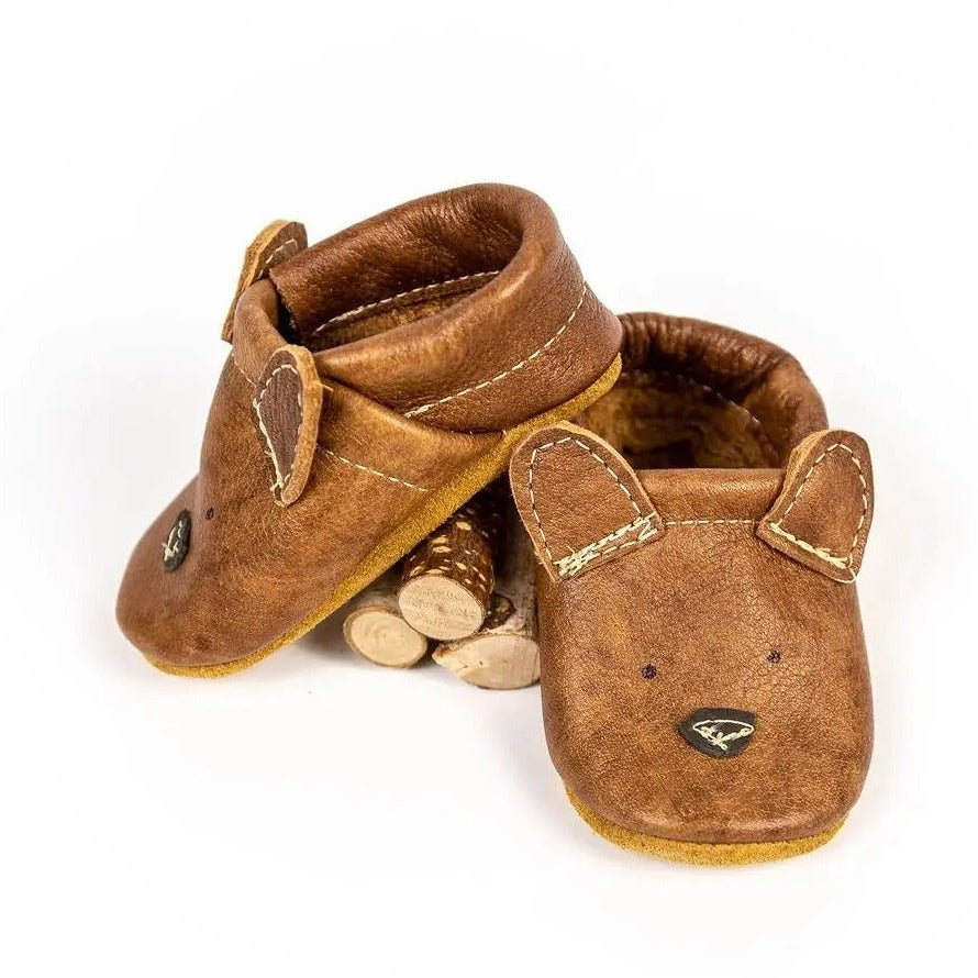 White background with the Russet Bear Leather Moccs by Starry Knight Designs, stacked.